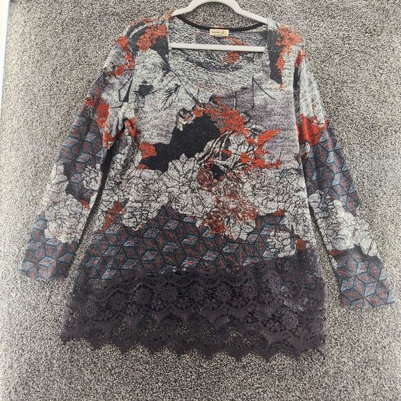One World Boho Large long sleeve multicolor bottom lace accent blouse - Picture 1 of 9